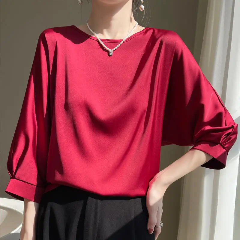 Blouse- Silk Half-Sleeve Tops Basic Solid Women Shirt Casual O-neck