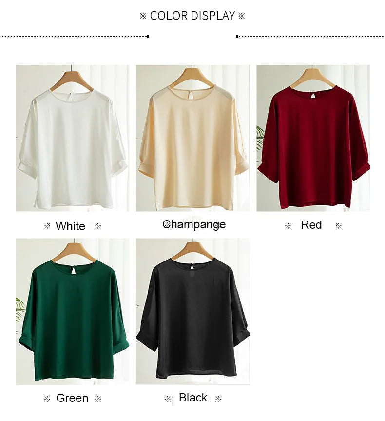 Blouse- Silk Half-Sleeve Tops Basic Solid Women Shirt Casual O-neck