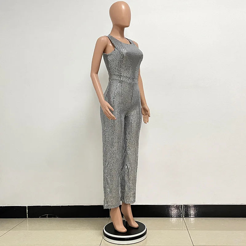 Sleeveless Sequined Jumpsuit Round Neck Slim Fit High Waist Sexy Sprin