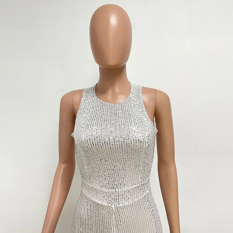 Sleeveless Sequined Jumpsuit Round Neck Slim Fit High Waist Sexy Sprin