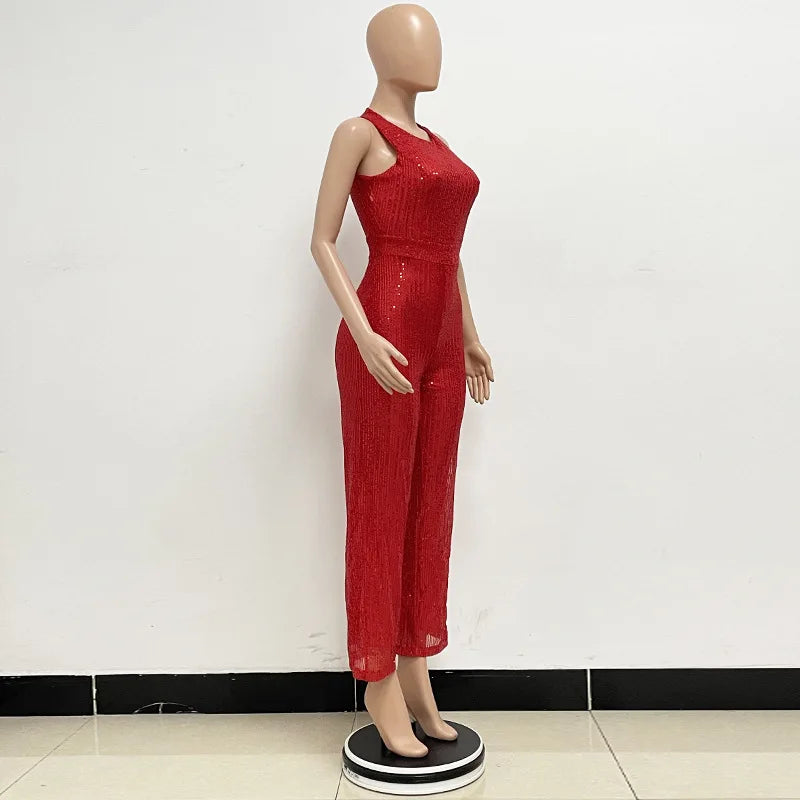 Sleeveless Sequined Jumpsuit Round Neck Slim Fit High Waist Sexy SprinSPECIFICATIONSBrand Name: mandylandyStyle: StreetwearAge: MIDDLE AGEOrigin: Mainland ChinaCN: GuangdongSeason: SummerMaterial: POLYESTERDecoration: SequinedFabric TyDMEwomenstorenull