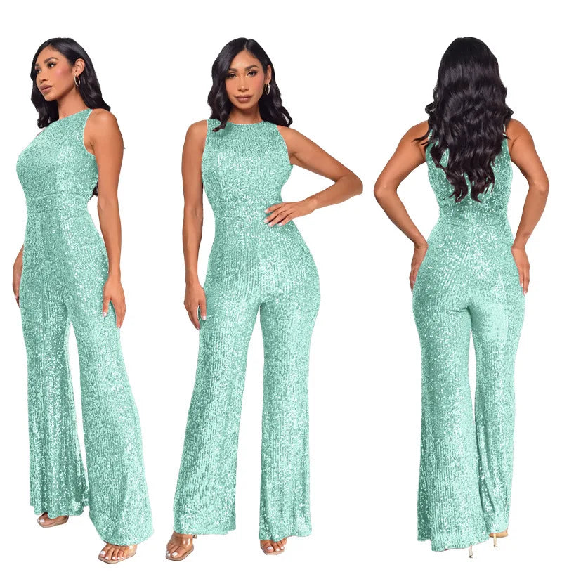 Sleeveless Sequined Jumpsuit Round Neck Slim Fit High Waist Sexy Sprin