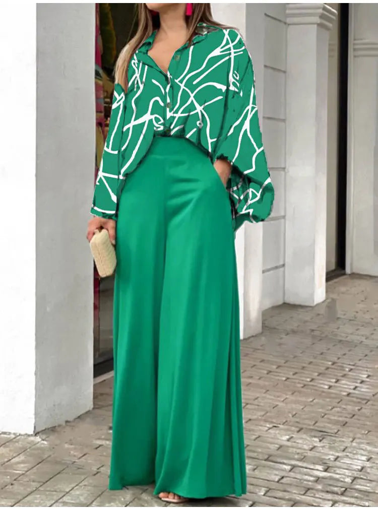 2-Pieces Set Print Blouse Solid High Waist Wide Leg Pants Elegant Lady