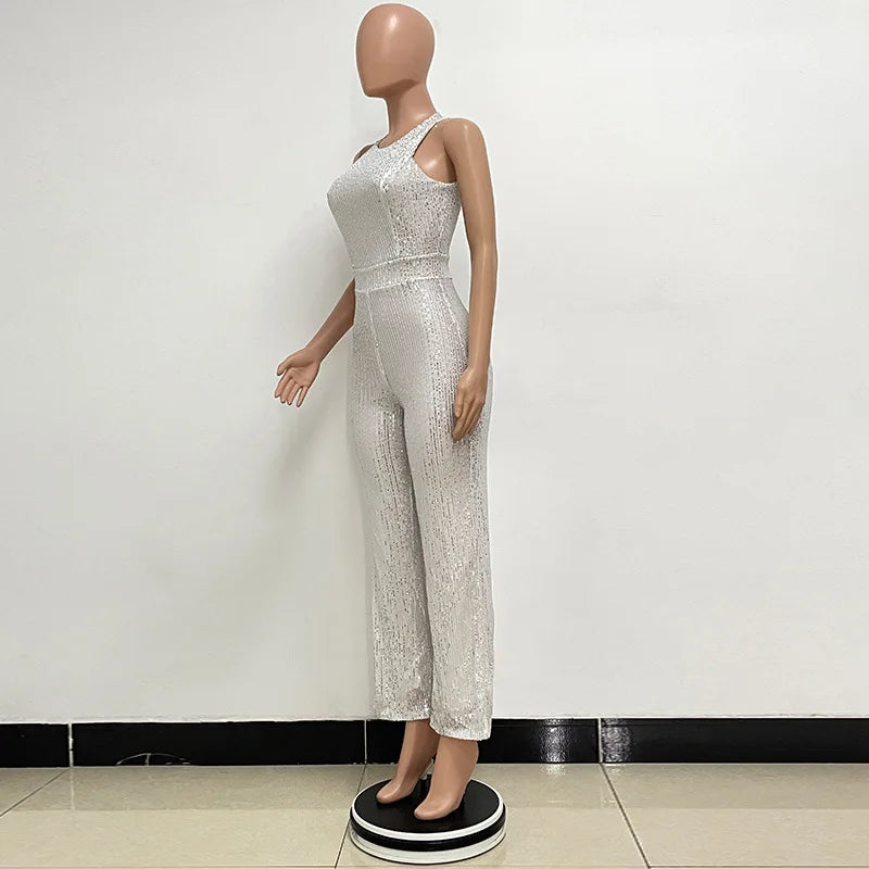 Sleeveless Sequined Jumpsuit Round Neck Slim Fit High Waist Sexy Sprin