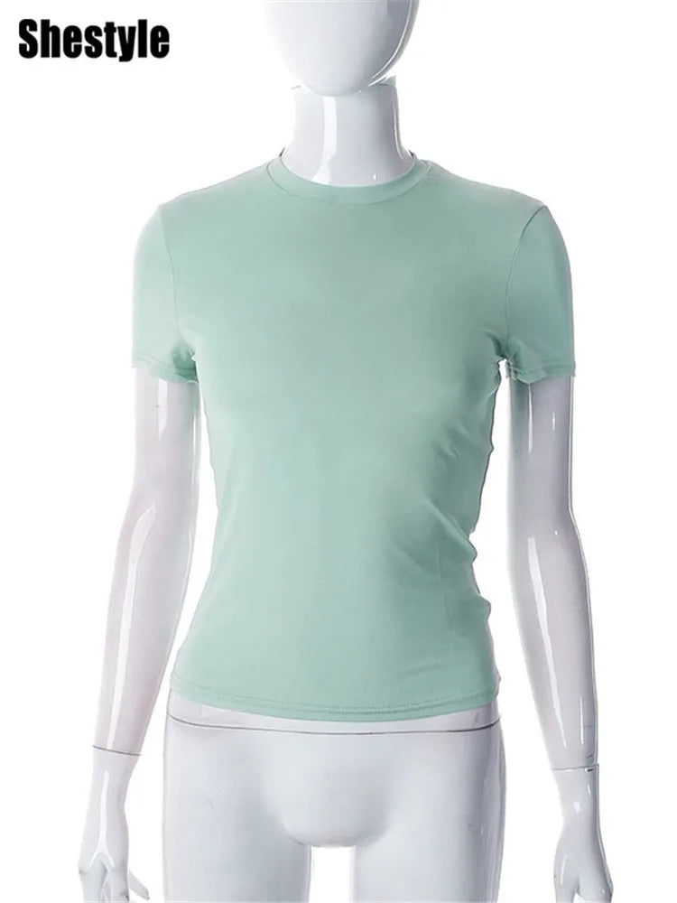 Top- Women Short Sleeve Stretchy O-Neck All-Match New Arrival 