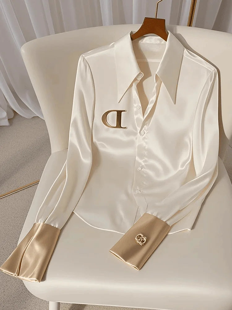 High Quality Fashion Women's White Satin Shirt Turn Down Collar Long SSPECIFICATIONSBrand Name: MIAONGZHFabric Type: SATINHign-concerned Chemical: NonePattern Type: PatchworkFit Type: SlimStyle: Office LadyAge: JUNIORThickness: midweigDMEwomenstorenull