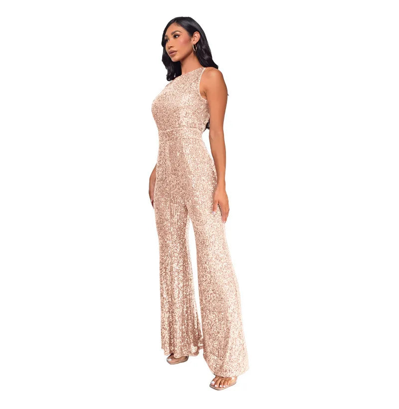 Sleeveless Sequined Jumpsuit Round Neck Slim Fit High Waist Sexy Sprin