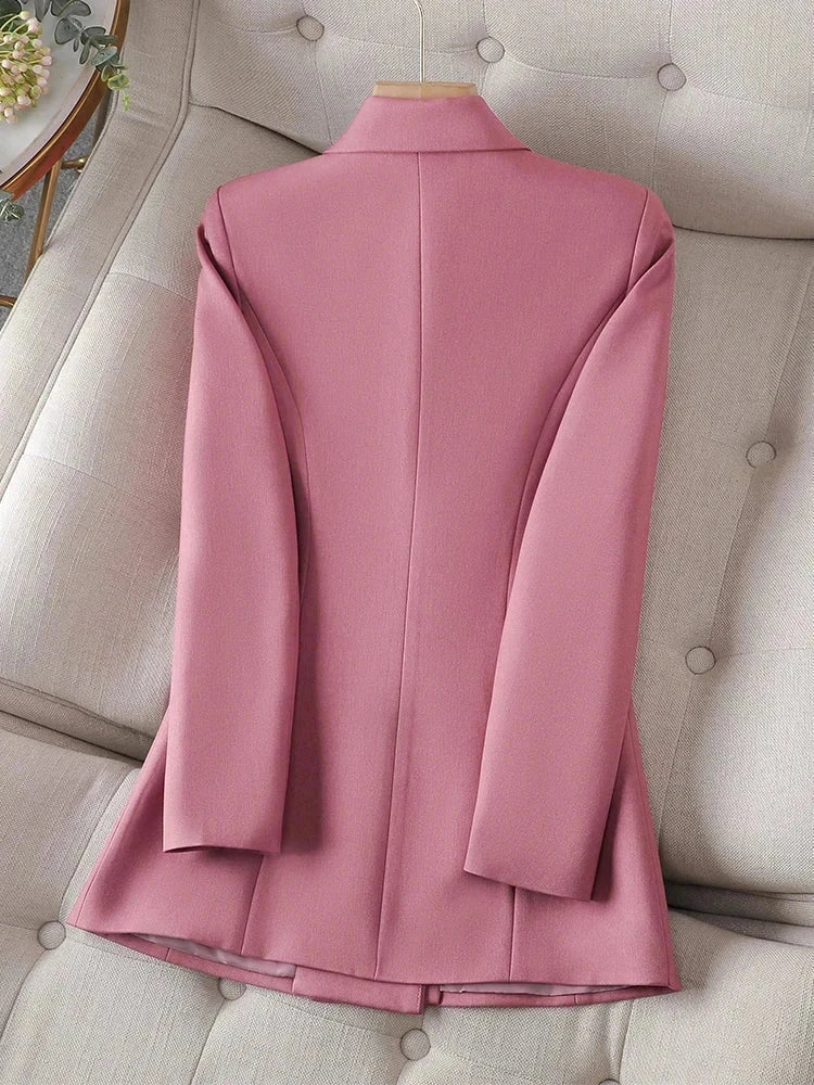 Pink long sleeve outwear blazer for women, triple breasted design, casual style.