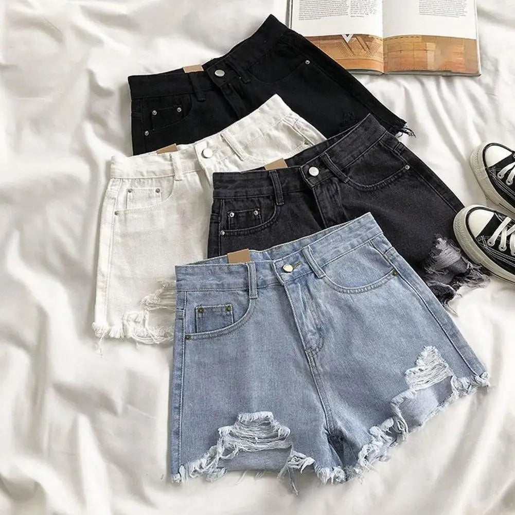 High Waist Denim Shorts for Women A-line Solid Color Ripped Button ZipSPECIFICATIONSBrand Name: SANWOODDecoration: ButtonFabric Type: blendedPant Style: regularPattern Type: SolidFit Type: regularStyle: CasualMaterial: COTTONMaterial: DMEwomenstorenull