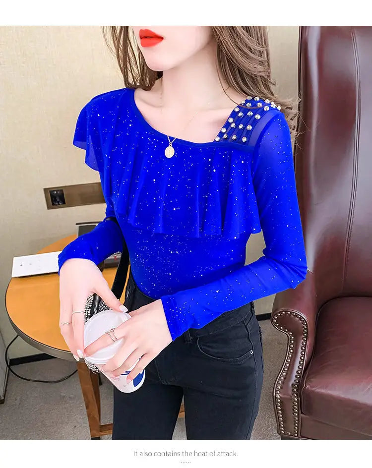 Sweet Skew Collar Spliced Gauze Ruffles Beading Blouse Female ClothingSPECIFICATIONSBrand Name: COZOKStyle: SweetElasticity: Slight StrechOrigin: Mainland ChinaSeason: Spring/SummerFabric Type: blendedMaterial: POLYESTERPattern Type: SDMEwomenstorenull