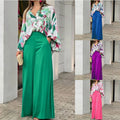 2-Pieces Set Print Blouse Solid High Waist Wide Leg Pants Elegant Lady