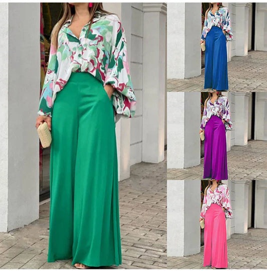 2-Pieces Set Print Blouse Solid High Waist Wide Leg Pants Elegant Lady