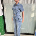 Jeans Jumpsuit Sexy Women Turn Down Collar Elegant Denim Casual Romper