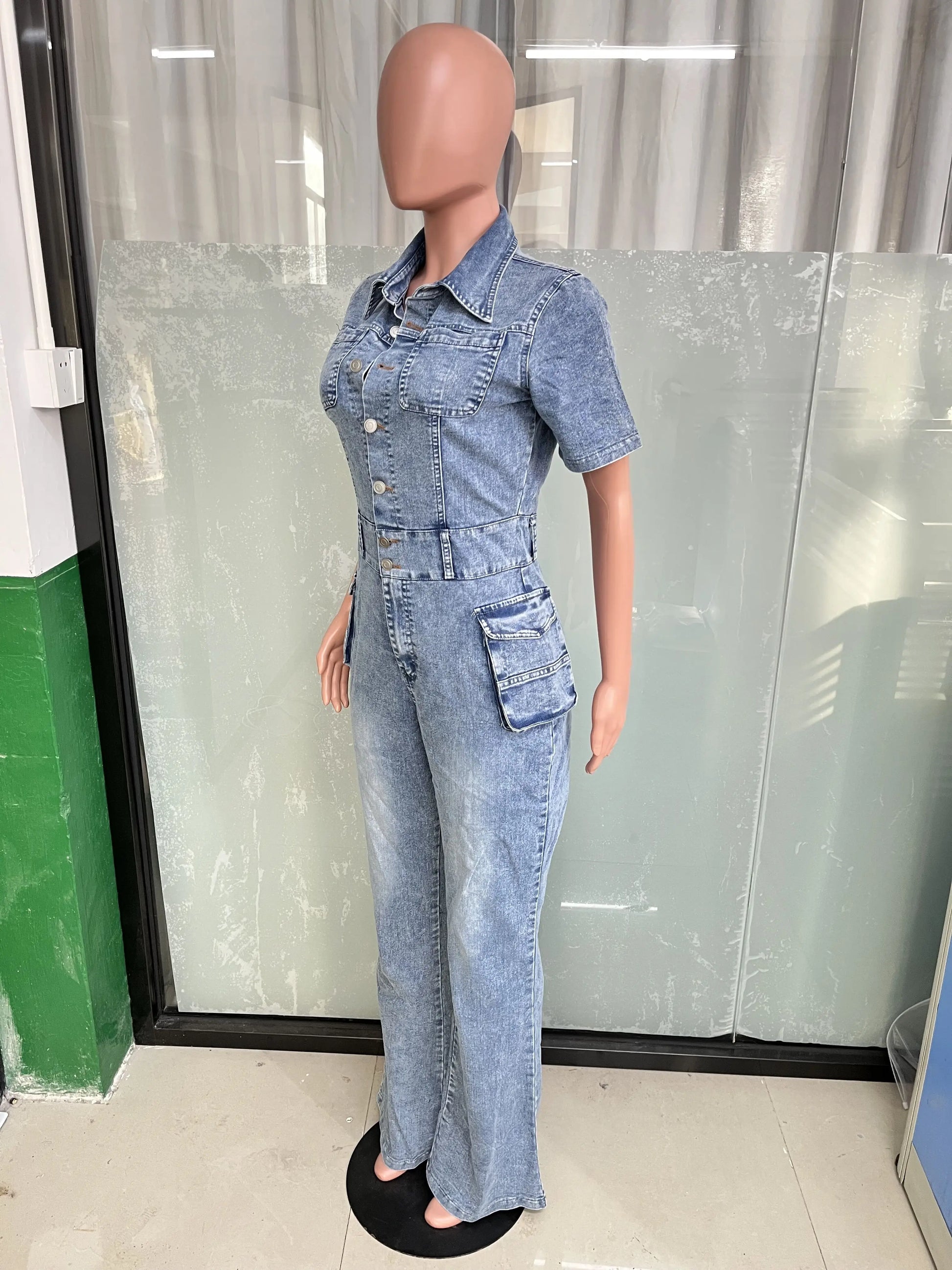 Jeans Jumpsuit Sexy Women Turn Down Collar Elegant Denim Casual Romper