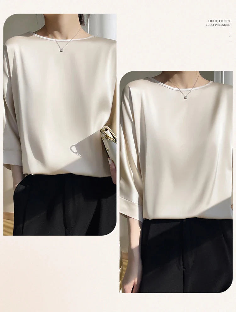 Blouse- Silk Half-Sleeve Tops Basic Solid Women Shirt Casual O-neck