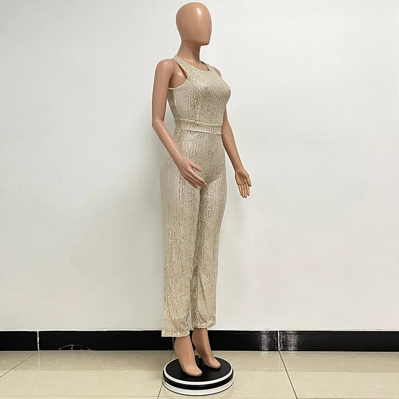 Sleeveless Sequined Jumpsuit Round Neck Slim Fit High Waist Sexy Sprin