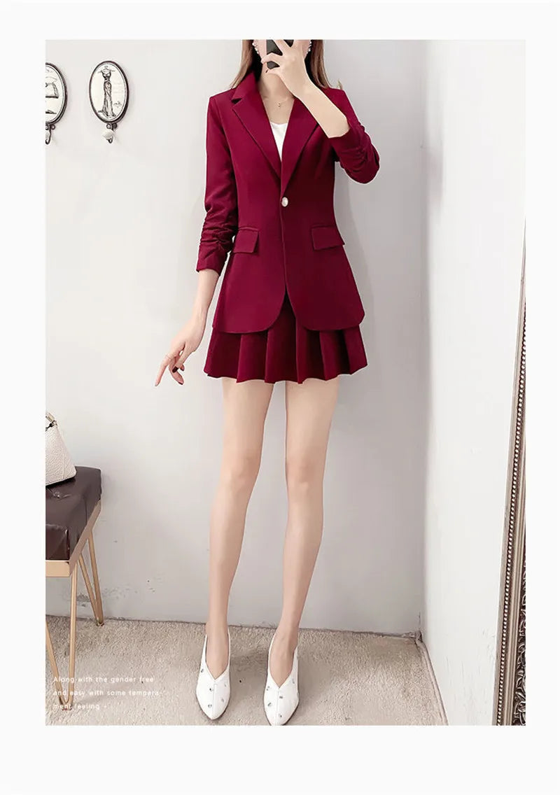 Elegant two-piece blazer jacket and A-line skirt suit for women in a chic, loose vintage style.