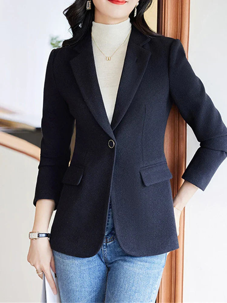 Elegant long-sleeve women's blazer with turn-down collar and single-button closure