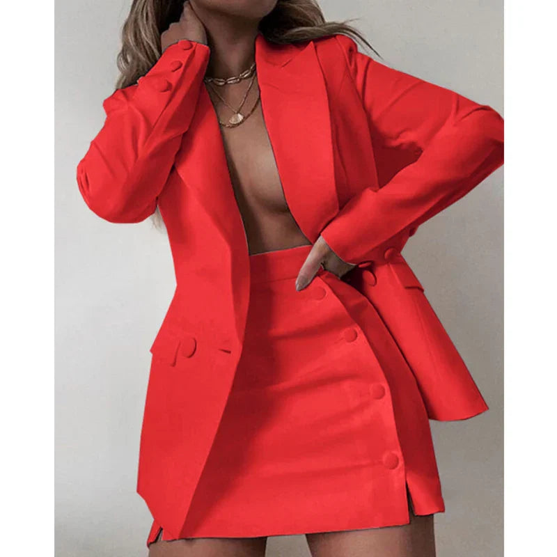 Jacket Sets - Women's 2 Piece Streetwear Blazer & Coat Set, Skirt and Suit