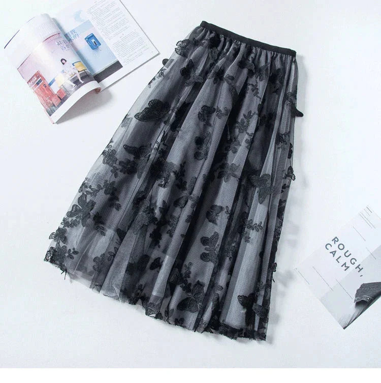 Skirt Women Vintage Butterfly Embroidery Elastic High Waist A-Line MesSPECIFICATIONSBrand Name: GLINDADAMaterial: POLYESTERMaterial: MeshMaterial: VoileStyle: Chinese StyleElasticity: Slight StrechOrigin: Mainland ChinaCN: GuangdongSeaDMEwomenstorenull