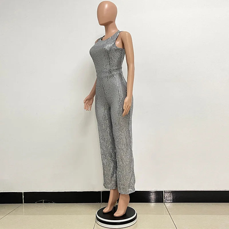 Sleeveless Sequined Jumpsuit Round Neck Slim Fit High Waist Sexy Sprin