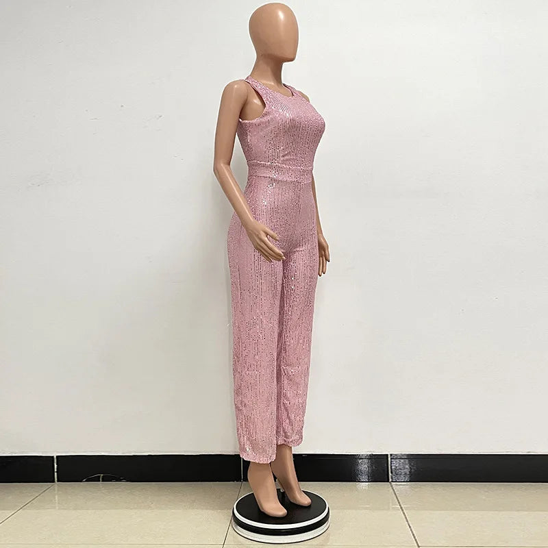 Sleeveless Sequined Jumpsuit Round Neck Slim Fit High Waist Sexy Sprin