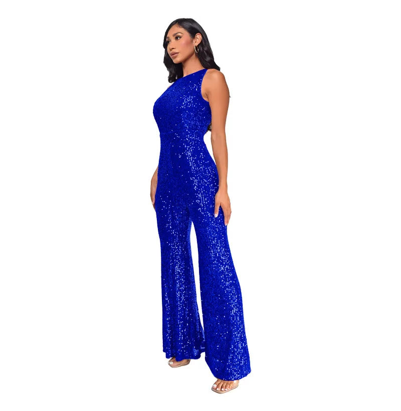 Sleeveless Sequined Jumpsuit Round Neck Slim Fit High Waist Sexy Sprin