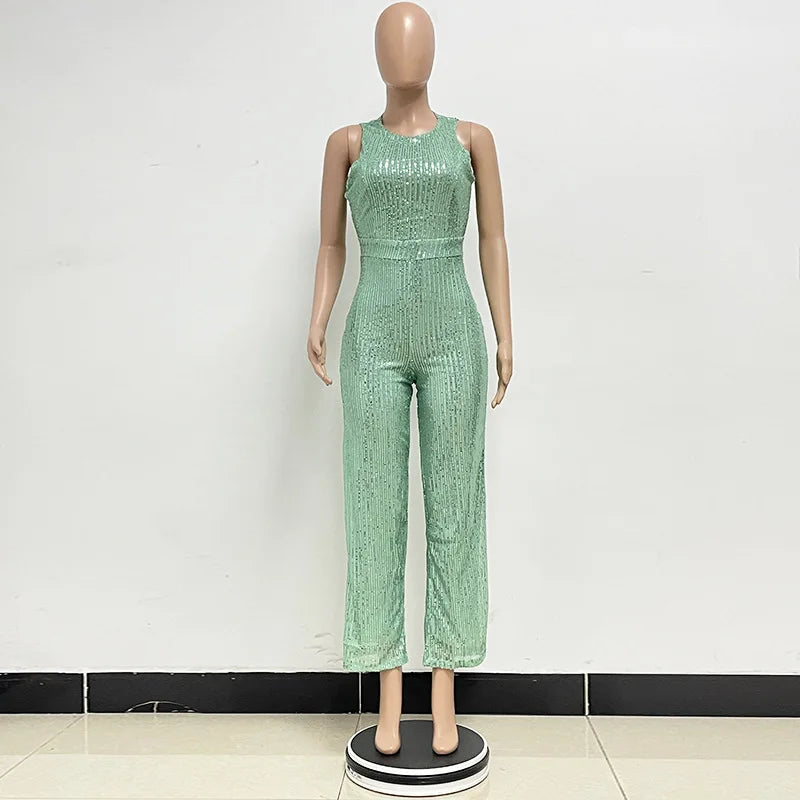 Sleeveless Sequined Jumpsuit Round Neck Slim Fit High Waist Sexy SprinSPECIFICATIONSBrand Name: mandylandyStyle: StreetwearAge: MIDDLE AGEOrigin: Mainland ChinaCN: GuangdongSeason: SummerMaterial: POLYESTERDecoration: SequinedFabric TyDMEwomenstorenull