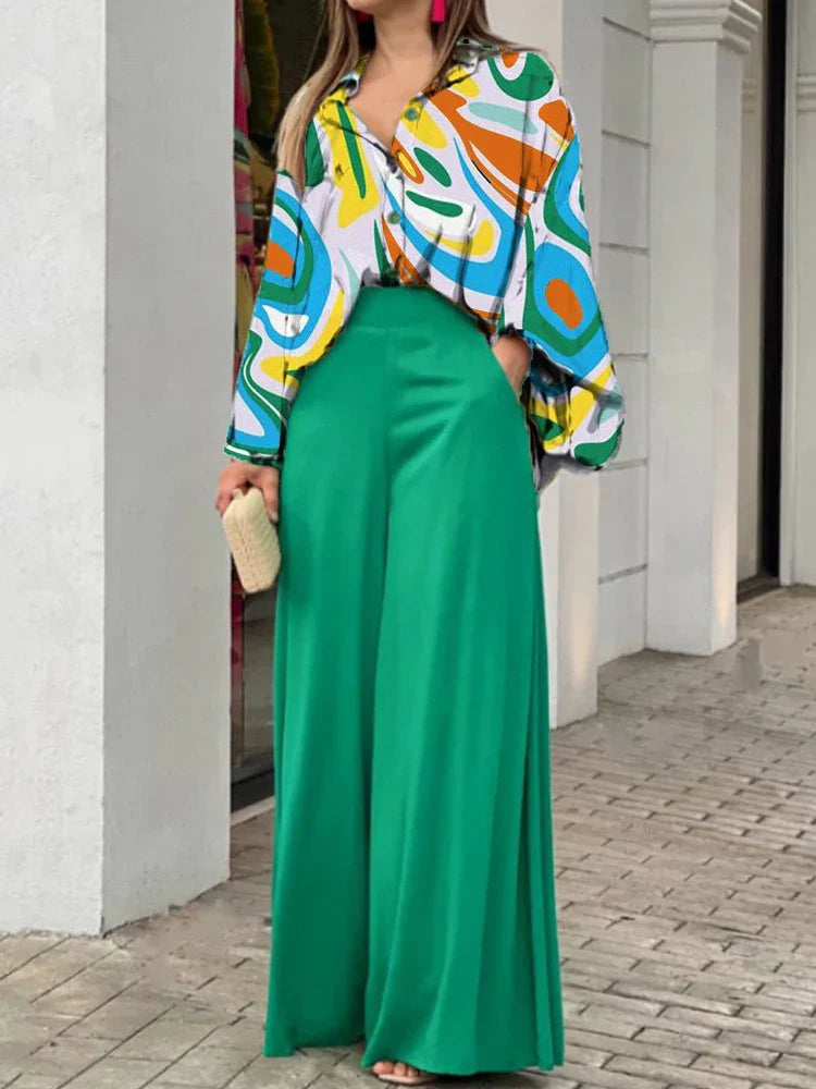 2-Pieces Set Print Blouse Solid High Waist Wide Leg Pants Elegant Lady