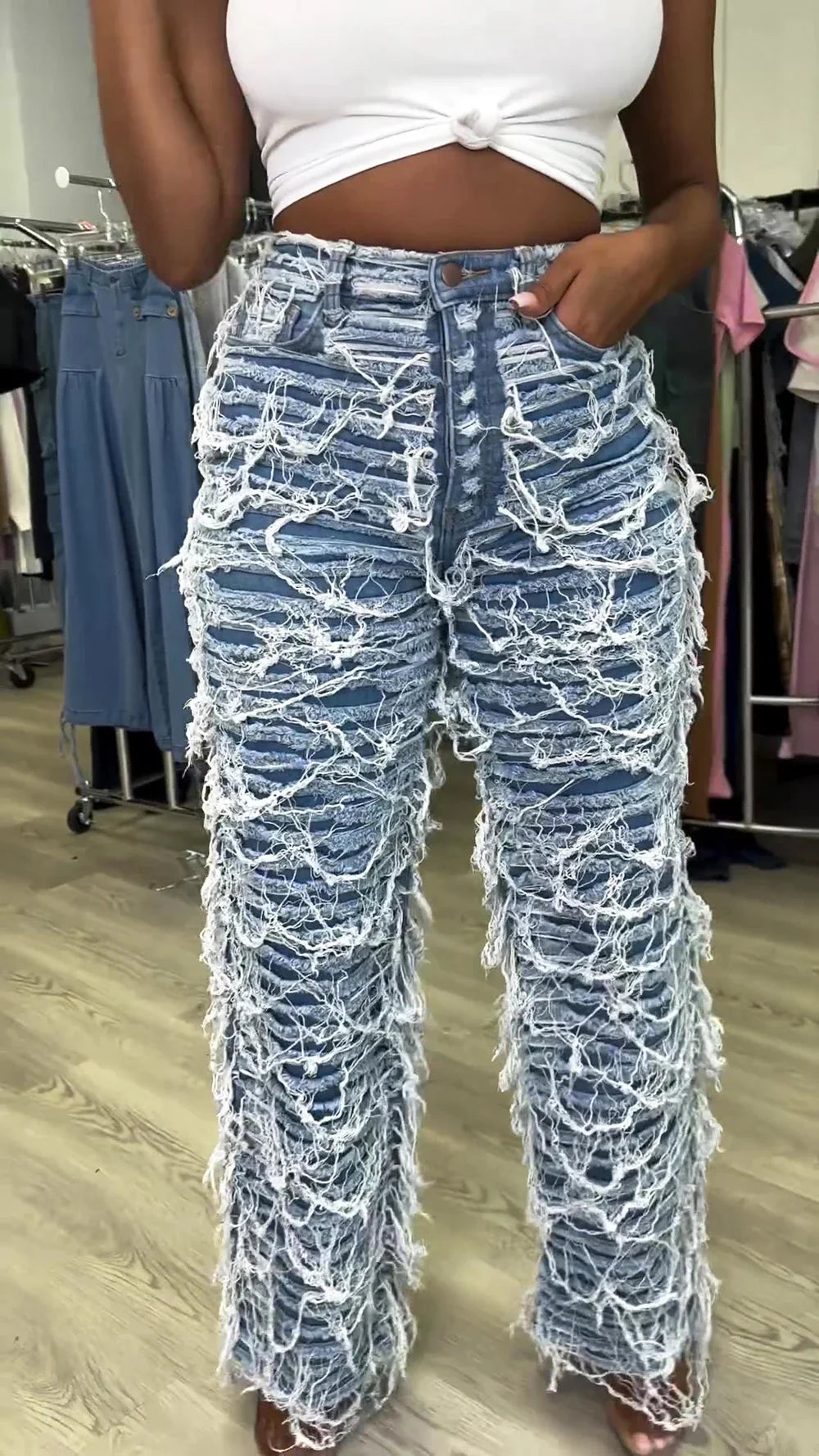 Denim brushed fringe loose straight leg pants for women with high waisSPECIFICATIONSBrand Name: HASINAMaterial: COTTONMaterial: POLYESTERElasticity: Slight StrechFabric Type: Cotton elastic denimHign-concerned Chemical: NoneLength: fulDMEwomenstorenull