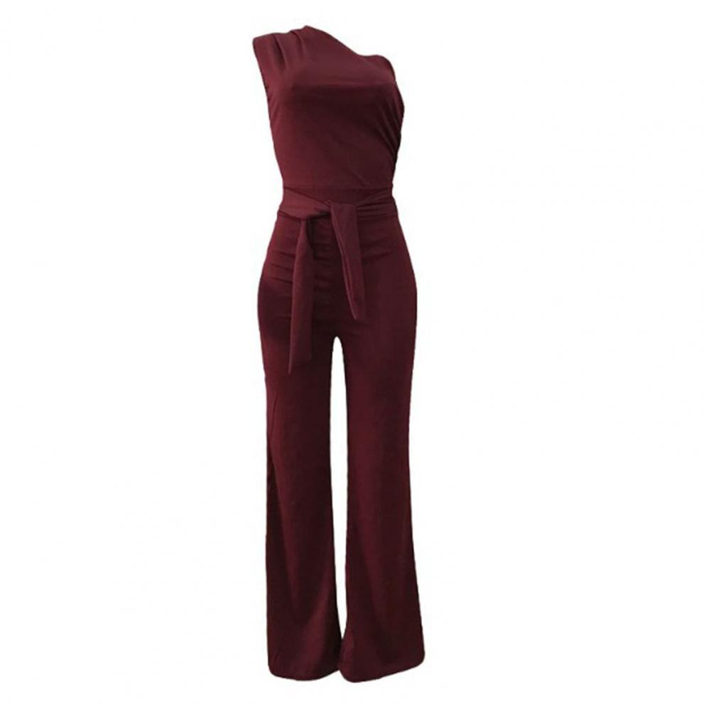 Sexy One Shoulder Jumpsuit Sleeveless Belt Wide Leg Elegant Lady New SSPECIFICATIONSAge: MIDDLE AGEBrand Name: SANWOODCN: GuangdongCraft of Weaving: OtherDecoration: PocketsFabric Type: BroadclothFabric content: 96% and aboveFit Type: DMEwomenstorenull