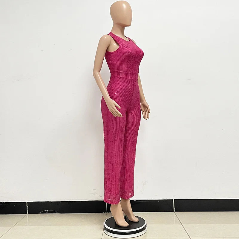 Sleeveless Sequined Jumpsuit Round Neck Slim Fit High Waist Sexy SprinSPECIFICATIONSBrand Name: mandylandyStyle: StreetwearAge: MIDDLE AGEOrigin: Mainland ChinaCN: GuangdongSeason: SummerMaterial: POLYESTERDecoration: SequinedFabric TyDMEwomenstorenull