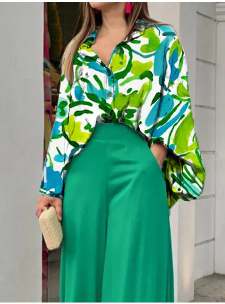 2-Pieces Set Print Blouse Solid High Waist Wide Leg Pants Elegant Lady