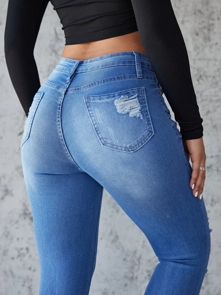 Ankle Length Ripped Hole High Waist Jean Sheath Pencil Denim Pants SkiSPECIFICATIONSBrand Name: kalenmosMaterial: POLYESTERElasticity: Slight StrechFabric Type: CoatedHign-concerned Chemical: NoneLength: Ankle-Length PantsFit Type: SKIDMEwomenstorenull