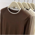 Contrasting Splicing Long Sleeved Round Neck T-shirt Base Shirt Warm TSPECIFICATIONSBrand Name: NoEnName_NullStyle: Office LadyAge: MIDDLE AGEOrigin: Mainland ChinaCN: GuangdongSeason: Autumn/WinterClothing Length: regularDecoration: PDMEwomenstorenull