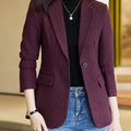 Elegant long-sleeve women's blazer with turn-down collar and single-button closure