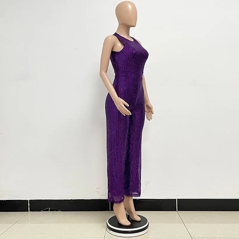 Sleeveless Sequined Jumpsuit Round Neck Slim Fit High Waist Sexy SprinSPECIFICATIONSBrand Name: mandylandyStyle: StreetwearAge: MIDDLE AGEOrigin: Mainland ChinaCN: GuangdongSeason: SummerMaterial: POLYESTERDecoration: SequinedFabric TyDMEwomenstorenull