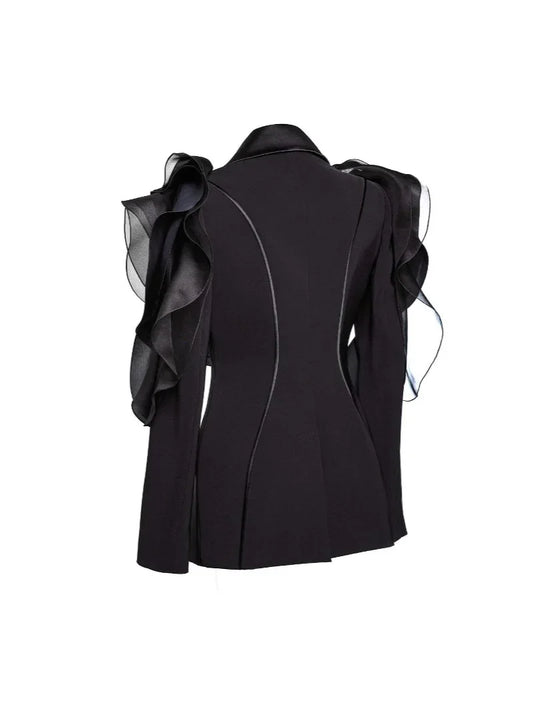 Ladies' black blazer coat with ruffles and stitching details, featuring long sleeves and a slim fit.