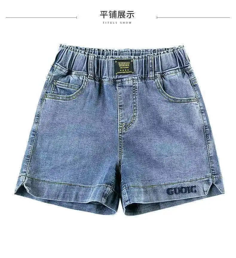 High waisted denim shorts version in large size for slimming effectSPECIFICATIONSBrand Name: NoEnName_NullDecoration: AppliquesFabric Type: KnittingPant Style: regularPattern Type: SolidFit Type: LOOSE FITStyle: CasualMaterial: POLYDMEwomenstorenull