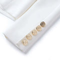 Luxury white blazer sleeve with decorative gold buttons, office style for women.