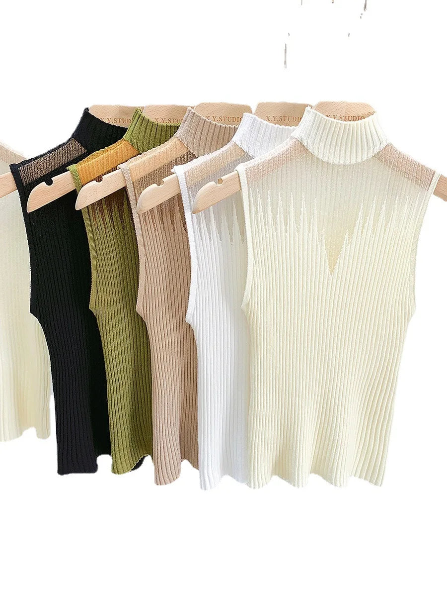 Women Slim Knitted Vests Summer Female Turtleneck Sleeveless Solid StrSPECIFICATIONSBrand Name: moocloundStyle: CasualAge: MIDDLE AGEOrigin: Mainland ChinaCN: JiangsuSeason: Autumn/WinterThickness: StandardDecoration: hollow outMateriaDMEwomenstorenull