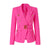 Luxury double-breasted women’s pocket blazer in vibrant pink, notched collar, classic style.