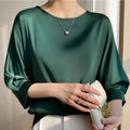 Blouse- Silk Half-Sleeve Tops Basic Solid Women Shirt Casual O-neck