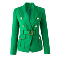 Luxury green office women's blazer with gold buttons and belt.