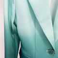 Gradient green slim fitting women's suit set, featuring a notched collar and single button closure.