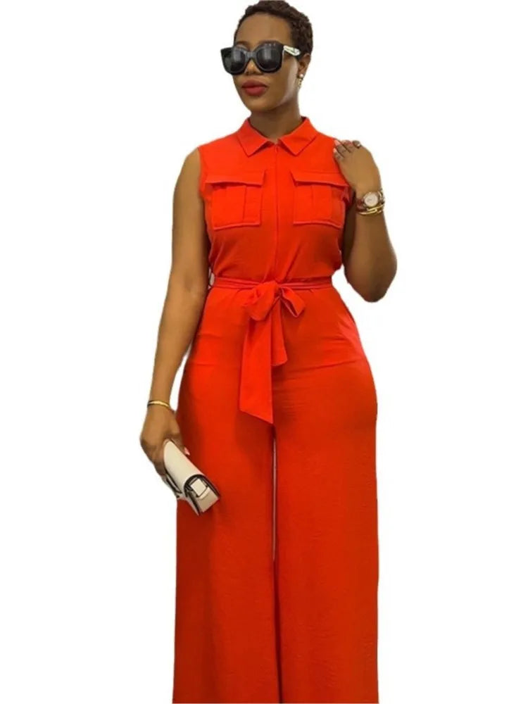 Women Pocket Front Zipper Sleeveless Wide Leg Jumpsuit One Piece Suit 