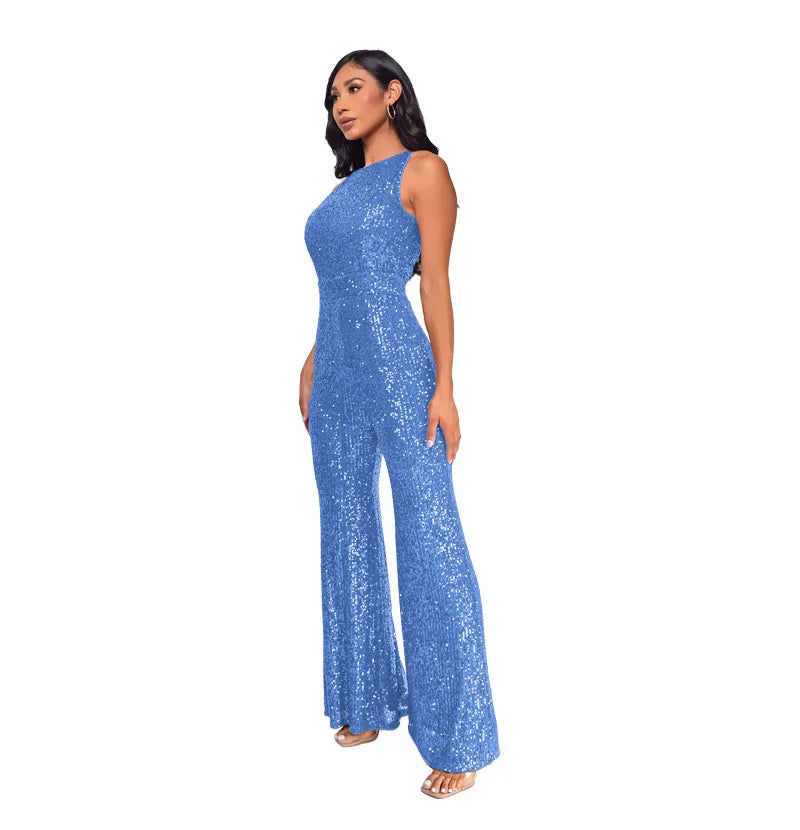 Sleeveless Sequined Jumpsuit Round Neck Slim Fit High Waist Sexy Sprin