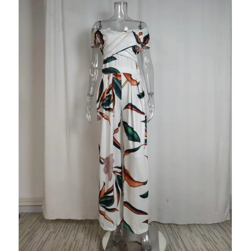 Fashion Printed Casual High Waist Jumpsuit Ladies Sexy Off Shoulder FlSPECIFICATIONSBrand Name: NoEnName_NullStyle: StreetwearAge: MIDDLE AGECraft of Weaving: TATOrigin: Mainland ChinaCN: GuangdongSeason: SummerMaterial: POLYESTERMaterDMEwomenstorenull