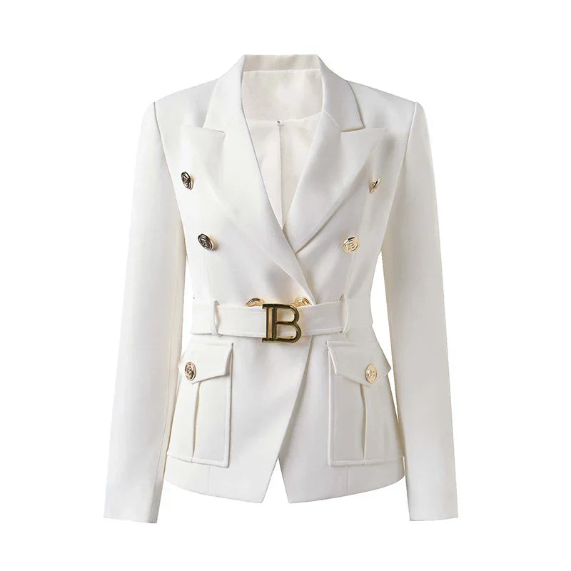 Luxury classic white pocket blazer for women, double-breasted, notched collar.