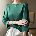 Blouse- Silk Half-Sleeve Tops Basic Solid Women Shirt Casual O-neck